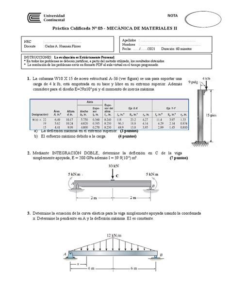 Práctica De Cálculo De Deflexiones Y Esfuerzos En Vigas De Acero Sometidas A Cargas Pdf