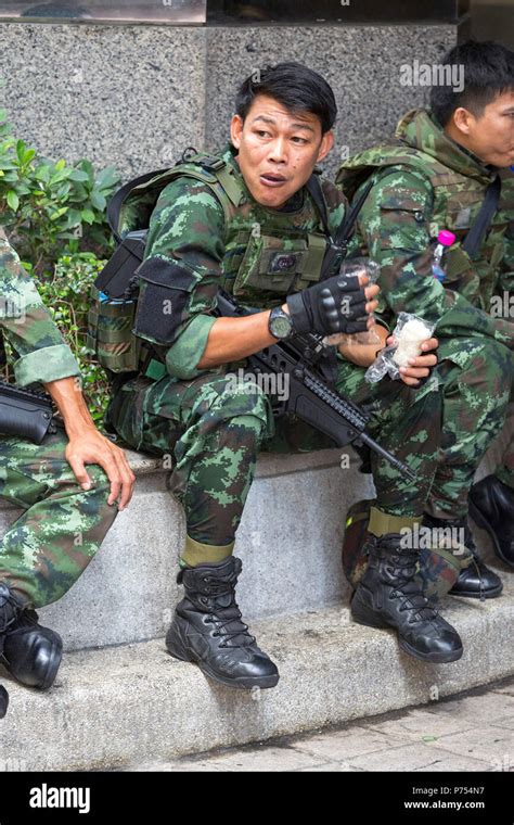 Thai Military Resting On City Streets During Military Coup Bangkok