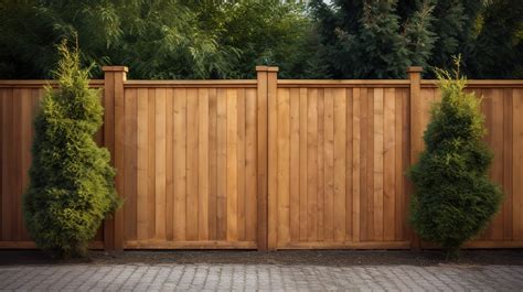 Wooden Fence With Two Trees And Shrubs In Front Background Picture Of