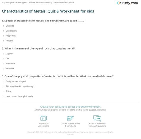 Characteristics of Metals: Quiz & Worksheet for Kids | Study.com