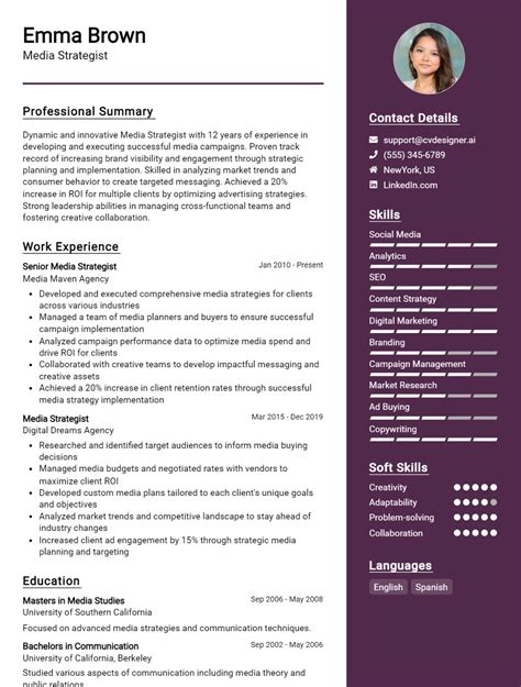 Media Strategist CV Example For 2024 Free Professional Templates