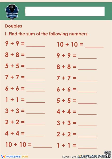 Addition Doubles Fact Worksheet Worksheet