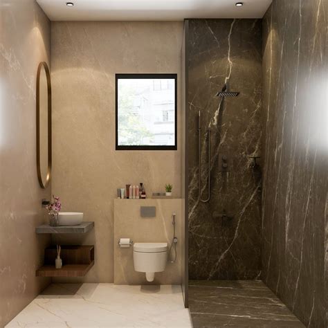 Beige And Dark Grey Bathroom Design With Wooden Ledge And Oval Mirror