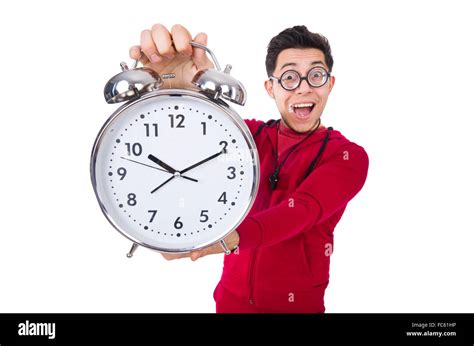 Funny Sportsman With Alarm Clock Isolated On White Stock Photo Alamy