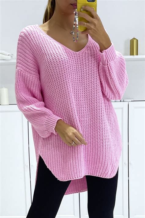 Pull Rose Bonbon Asym Trique En Tricot Col V Et Manches Bouffantes