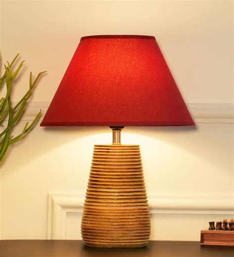 Buy Rocky Maroon Cottan Fabric Shade Night Lamp With Wood Base By