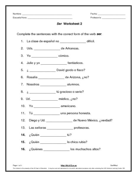 Ser Worksheet 2 Worksheet For 6th 8th Grade Lesson Planet