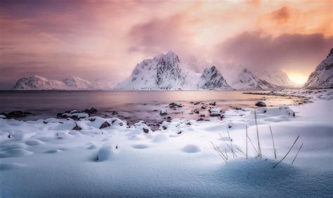 Nature Landscape Winter Mountains Snow Sunlight Clouds Fjord