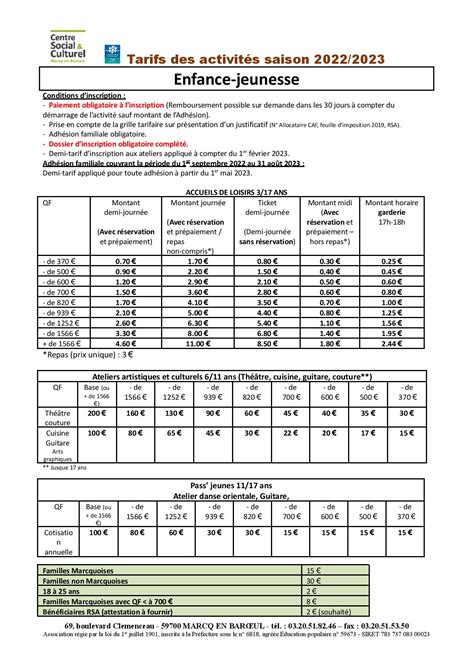 Tarifs Enfance Jeunesse Centre Social Et Culturel De Marcq En Baroeul