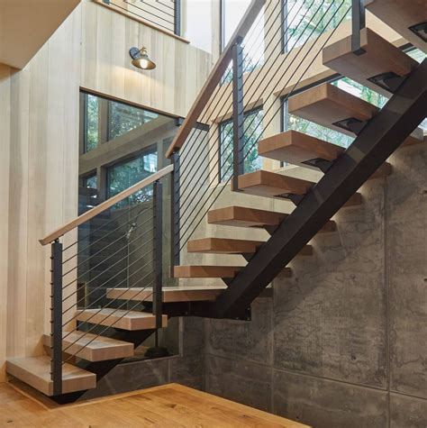 Modern Staircase Solid Wood Steps Mono Stringer Glass Railing Luxury