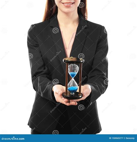 Woman Holding Hourglass On White Background Time Management Concept Stock Image Image Of