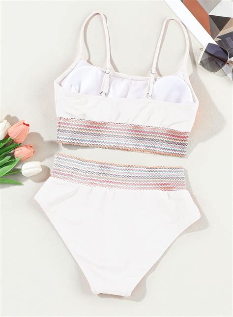 Snapklik Womens White Bikini Sets Contrast Trim Piece High