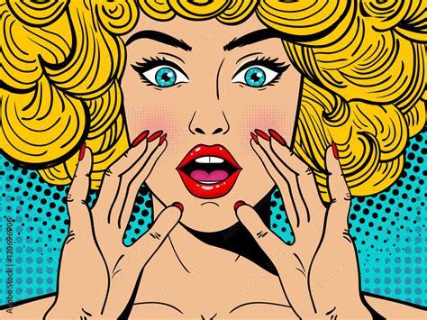 Sexy Surprised Blonde Pop Art Woman With Wide Open Eyes And Mouth And Rising Hands Screaming