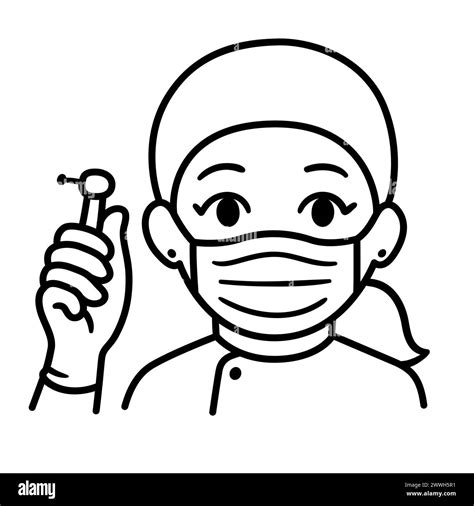 Cute cartoon female dentist in face mask holding a drill. Black and ...