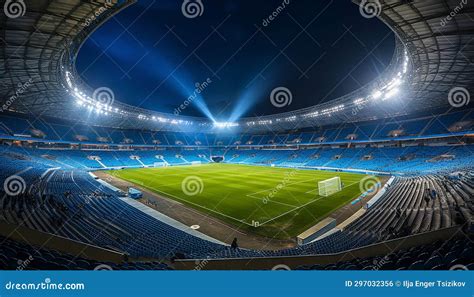 Nighttime View Of Empty Soccer Stadium With Mesmerizingly Illuminated