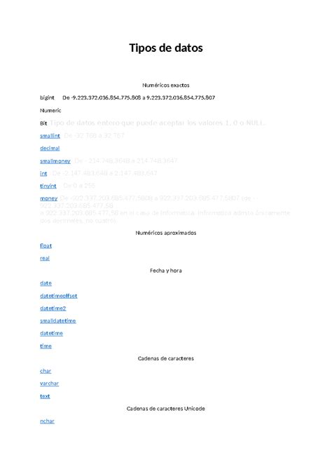 Tipos De Datos En Sql Server Tipos De Datos Num Ricos Exactos Bigint