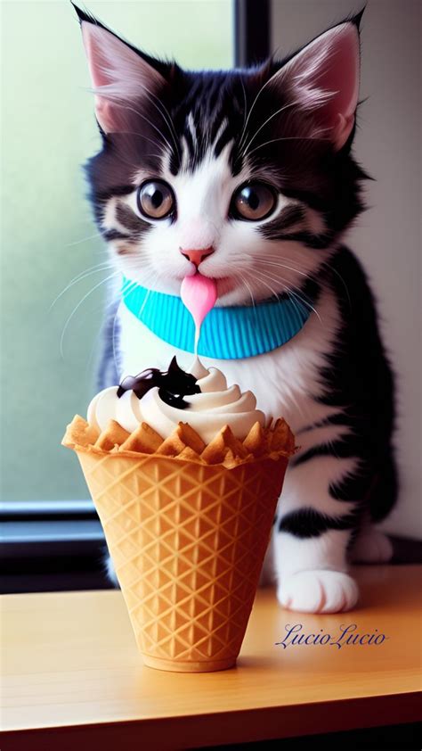 a black and white cat sitting on top of a table next to an ice cream cone