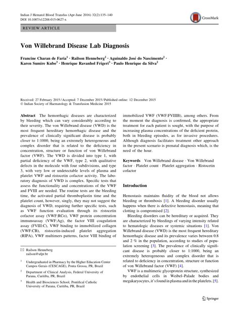 Pdf Von Willebrand Disease Lab Diagnosis