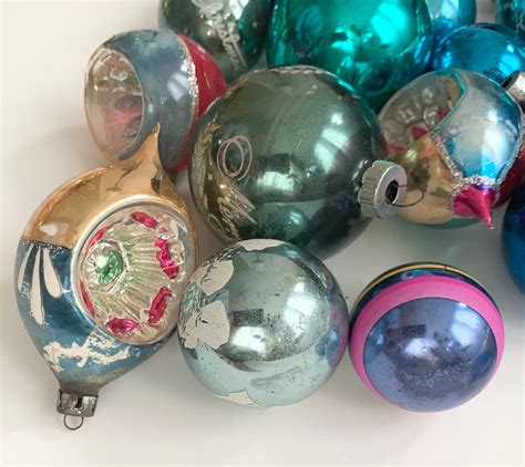 Vintage Blue Glass Ornaments Mixed Lot Of 24 Blue Aqua Turquoise Silver Tone Christmas Tree