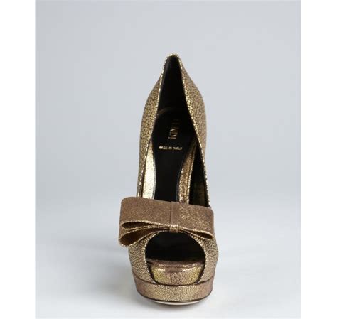 Lyst Fendi Gold Brocade Platform Peep Toe Pumps In Metallic