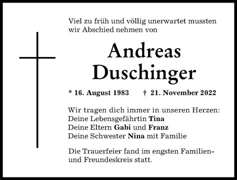 Traueranzeigen Von Andreas Duschinger Augsburger Allgemeine Zeitung