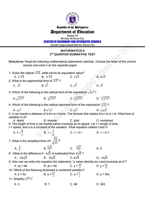 Math Rd Quarter Exam And Answer Key Pdf Angle Triangle Off