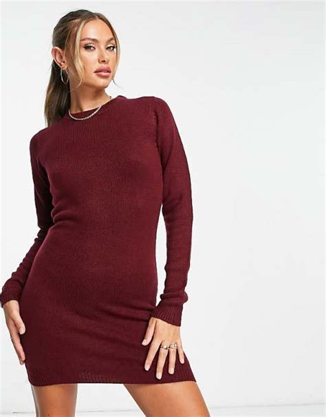 Brave Soul Grungy Crew Neck Sweater Dress In Burgundy Asos