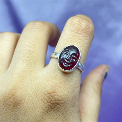 Moon Face Silver Ring Garnet Gemstone Moon Face Ring Silver Face Ring