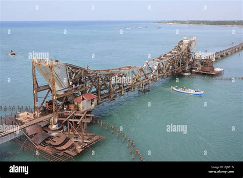 Aerial view of Railway bridge ; Rameswaram small island in Gulf of ...