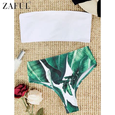 ZAFUL Women Strapless Palm Leaf Print High Cut Bikini Set Sexy Bandeau