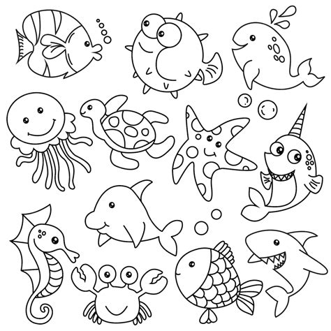 Sob o mar - desenho à mão Doodle bonito ilustração vetorial de animais ...