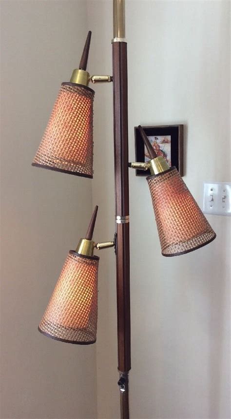 Vintage Tension Pole Floor Lamp Mid Century Modern Brass Wood Wicker Works Nice Ebay Mid