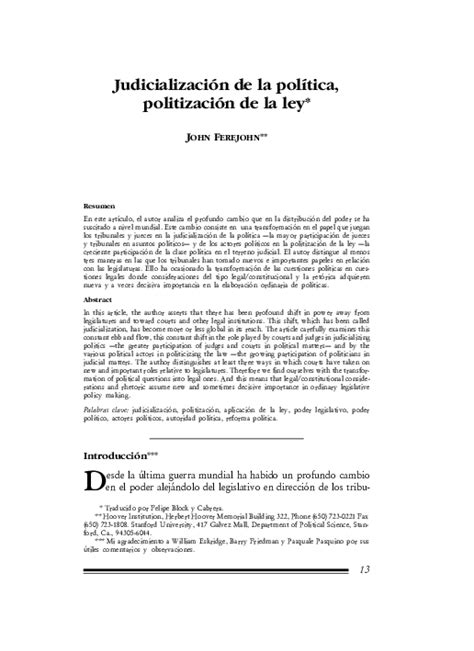 Pdf Judicialización De La Política Politización De La Ley John Ferejohn