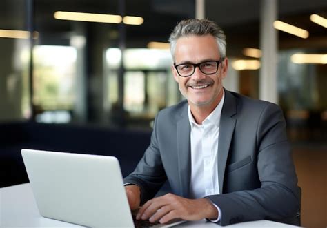 Premium Ai Image Smiling Mature Businessman Sitting At Table Using Laptop