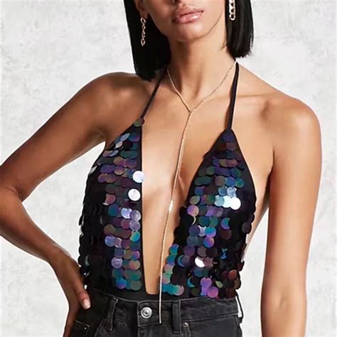 Women Sequin Plunging Cami Bodysuit Sexy Lace Up Club Women Backless