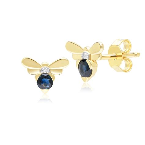 Honeycomb Inspired Blue Sapphire Diamond Bee Stud Earrings In Yellow