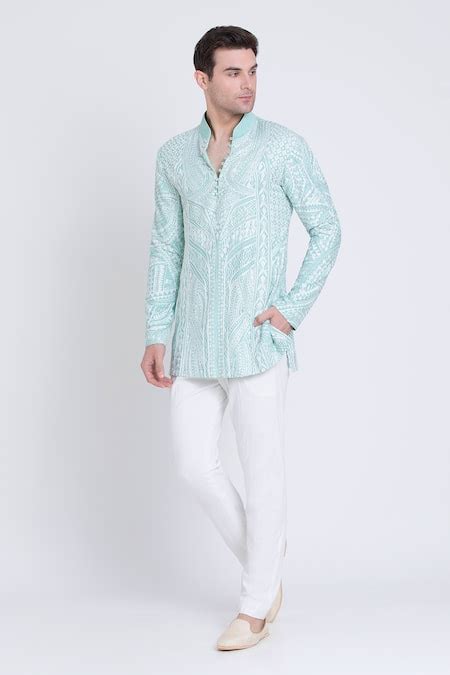 Buy Green Silk Embroidery Aari Floral Kurta With Pant For Men By Arun