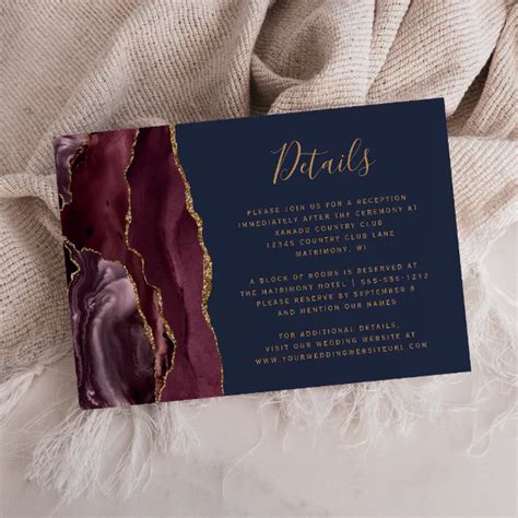 Burgundy Gold Agate Navy Blue Wedding Details Enclosure Card Zazzle