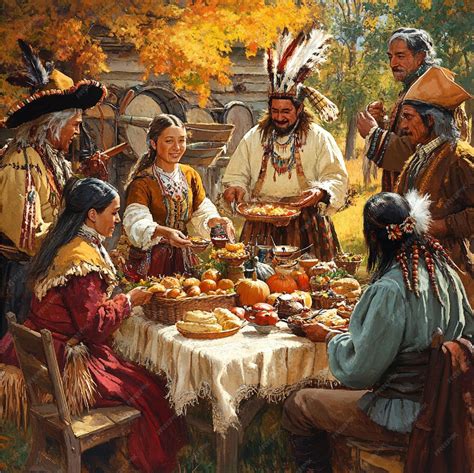 Pilgrims and Native Americans sharing a feast at the first Thanksgiving