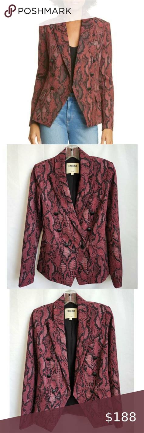 L Agence Kenzie Snake Print Double Breasted Blazer Garnet Black L