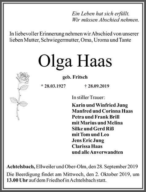 Traueranzeigen Von Olga Haas Rz Trauer De