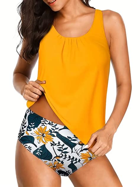 Random Print Ruched Tankini Swimsuit Round Neck High Strech Temu