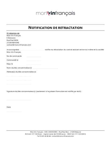 Fillable Online Notification De Retractation Fax Email Print Pdffiller