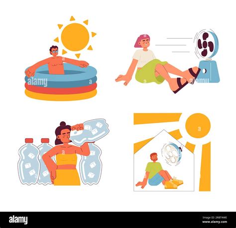 Stay Cool During Heat Wave Flat Concept Vector Spot Illustration Set