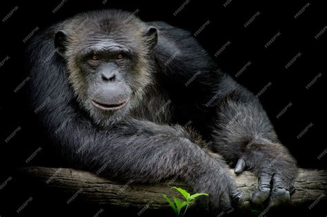 Premium Photo Cute Chimpanzee Smile And Catch Big Branch And Look