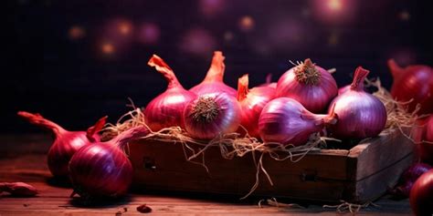 Premium Ai Image Red Fresh Onions On Wooden Table Generative Ai