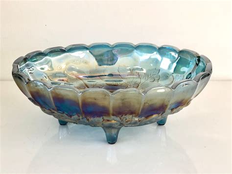 This Is A Gorgeous Blue Carnival Glass Bowl Called 221 Oval Center Bowl From The Indiana Glass