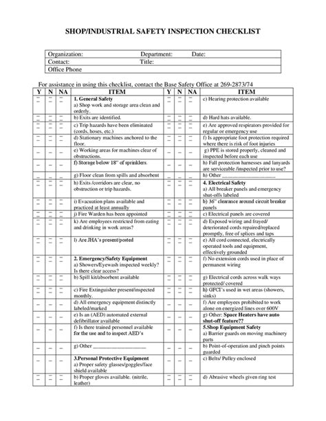 Shop/industrial safety inspection checklist in Word and Pdf formats