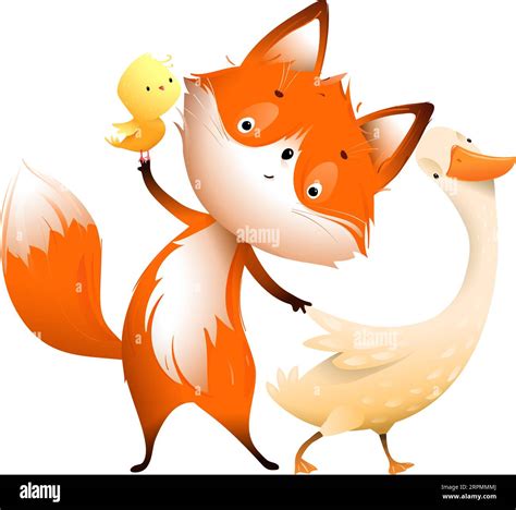 Cute Baby Animals Fox And Goose Friends Cartoon Stock Vector Image