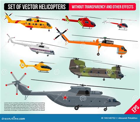 Helicopters Set . Civil and Army Military Transport Helicopters Collection Flat Design ...